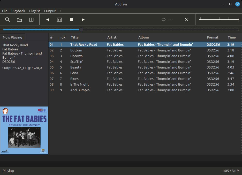 Audryn 0.37 playing a DSD256 album, with playlist, now-playing pane and cover art